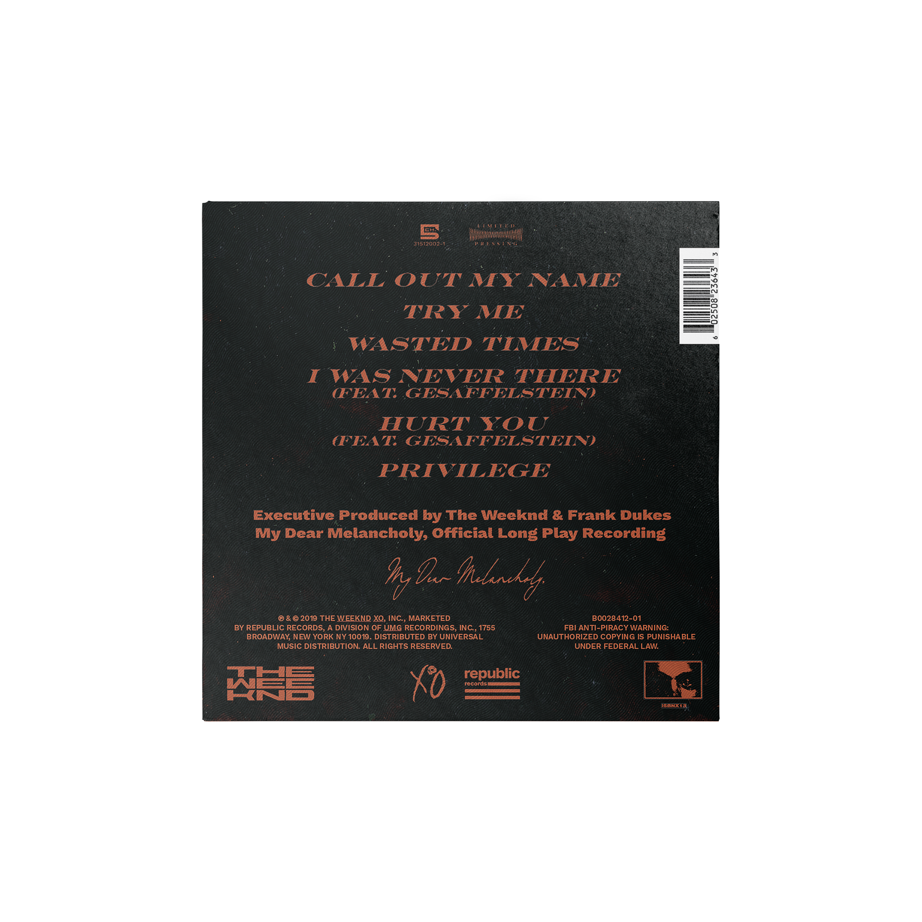 My Dear Melancholy, 1LP Back
